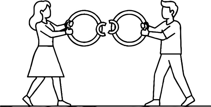 Two people pulling linked chain rings together in teamwork.