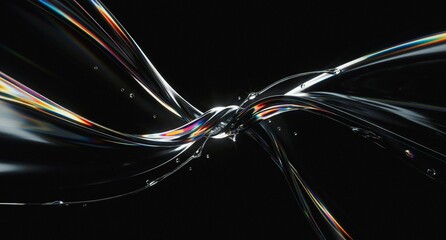 3d iridescent liquid glass ribbon wave line with neon rainbow light texture on abstract black background. 3D illustration.Holographic gradient water flow with speed motion effect. Digital tech banner. © Mehboob