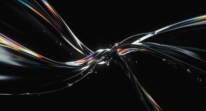 3d iridescent liquid glass ribbon wave line with neon rainbow light texture on abstract black background. 3D illustration.Holographic gradient water flow with speed motion effect. Digital tech banner.