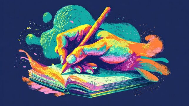 Brightly colored hand diligently records thoughts upon an open book with a writing implement