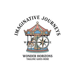 Sophisticated logo combining a traditional carousel horse with a nautical compass, symbolizing whimsical travel, adventure, and guidance for creative storytelling or tourism. © Cageee