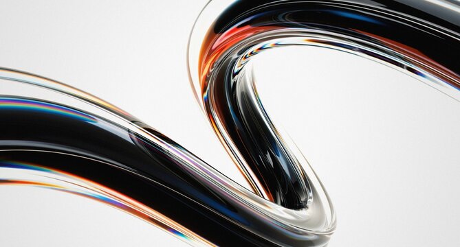 3d iridescent liquid glass ribbon wave line with neon rainbow light texture on abstract black background. 3D illustration.Holographic gradient water flow with speed motion effect. Digital tech banner.