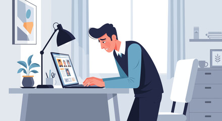 Naklejka premium Man Working Late on Laptop, Office Desk, Remote Work, Stress, Deadline