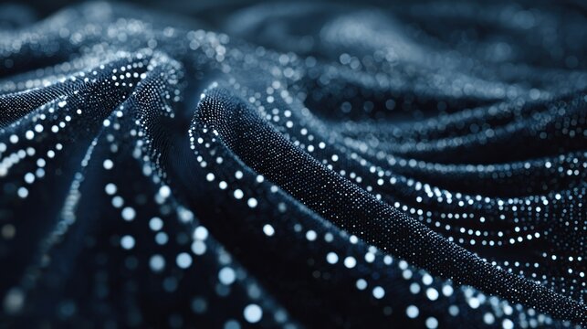 Glowing particulate matter covers a dark, undulating fabric surface in a macro view
