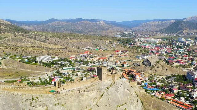 Sudak, Crimea. Genoese fortress in Sudak. Medieval fortress with an area of over 30 hectares. on the Black Sea coast. Drone footage