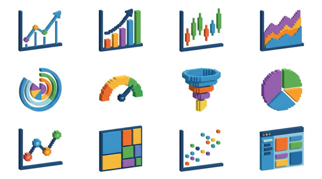 Collection of 3D business charts and graphs icons for data visualization.