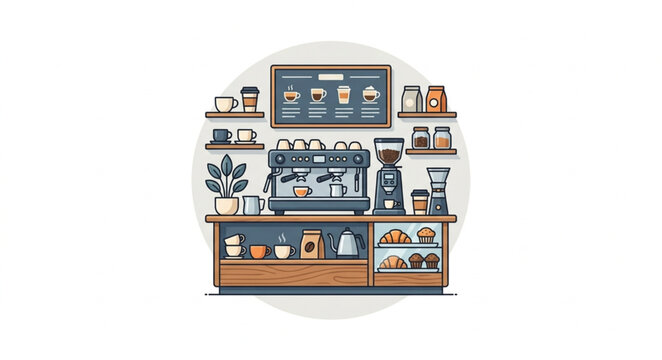 Coffee Shop Counter With Espresso Machine And Pastries.
