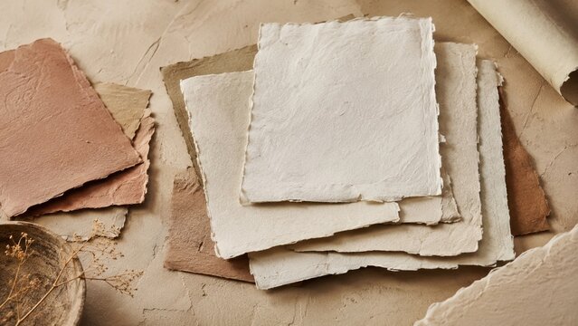 Handmade paper sheets in various colors arranged on a beige surface with natural textures evident