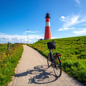A serene landscape with a bicycle on a path leading to a lighthouse