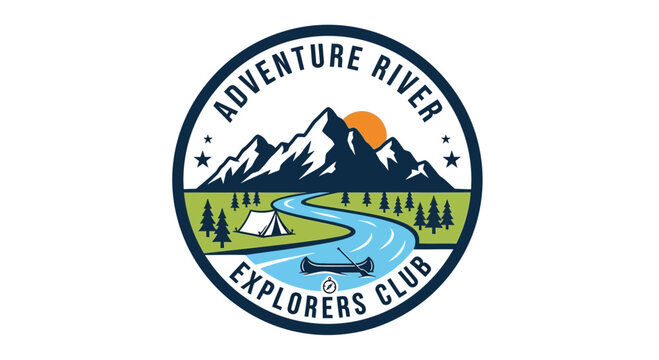Adventure River Explorers Club Logo Badge with Mountains, River, Tent, Canoe