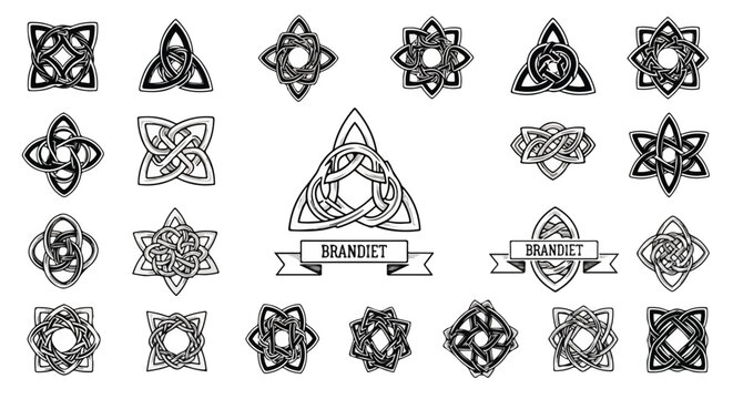 Intricate Celtic knotwork emblems and symbols on white background, representing heritage and tradition, ideal for graphic design, tattoo art, and cultural branding.