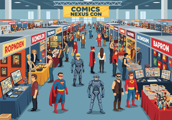 Fototapeta premium A bustling comic book convention with colorful booths