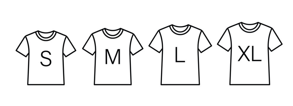 T-shirt size chart line icon set. Small medium large extra apparel indicators, black outline clothes tags and generic fashion tailoring labels.