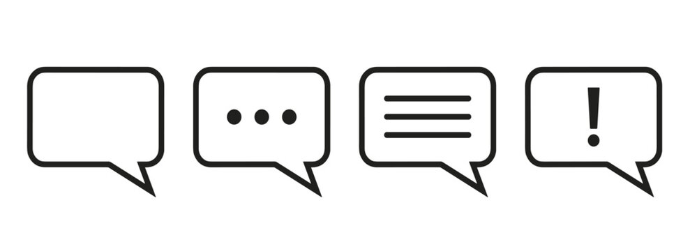 Speech bubble chat line icon set. Discussion dialogue boxes, typing dots indicator, text comment layout and alert message symbols.