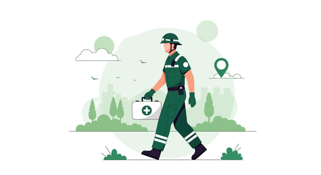 Paramedic walking with first aid kit, medical emergency, healthcare professional, urban background
