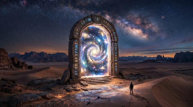 Mystical Stargate in Desert Under Starry Night Sky