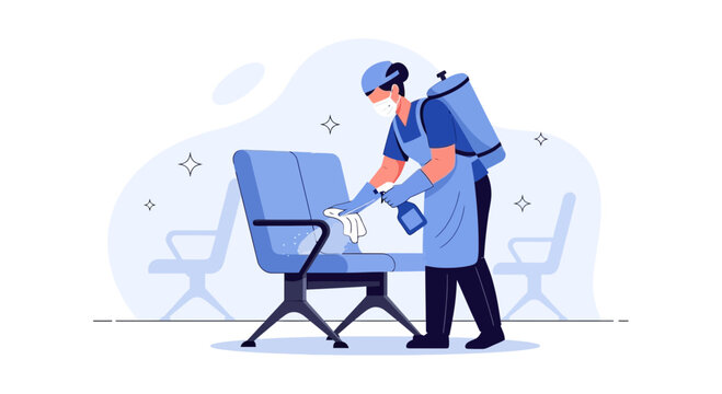Professional cleaner sanitizing public seating area with disinfectant spray and backpack sprayer