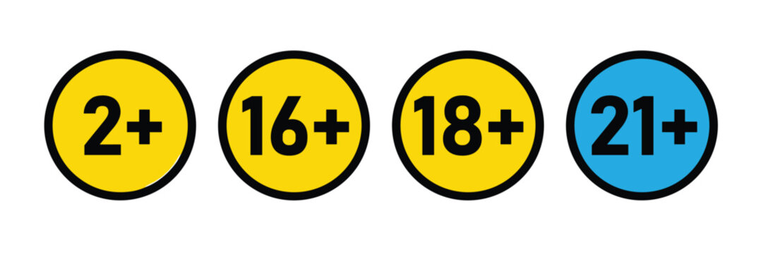 Age restriction sign icon set. Yellow and blue warning circles, content limitation numbers, adult rating badge, advisory limit, censorship rule and compliance control stamps.