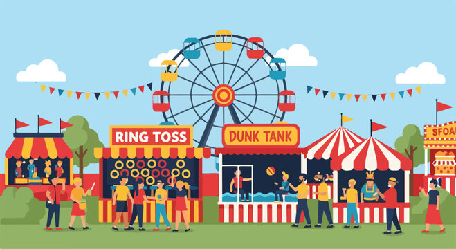 A vibrant cartoon illustration of a lively carnival scene