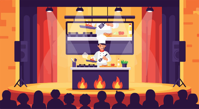 A chef cooks on stage