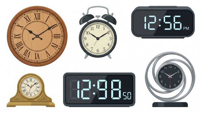 Clock Vector Illustration Collection with Modern Digital and Classic Analog Timepiece Designs