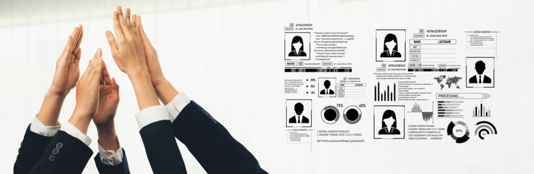 A diverse business team celebrates success with raised hands in front of a digital display showing growth charts and professional profiles, symbolizing effective collaboration. Trope