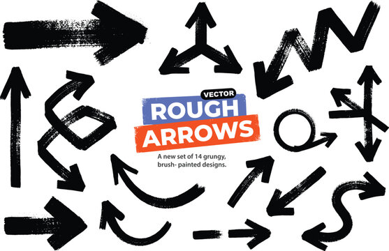 Grunge Brush Arrow Vector Set: Hand Drawn Rough Black Ink Pointers, Textured Doodle Direction Graphic Elements Pack