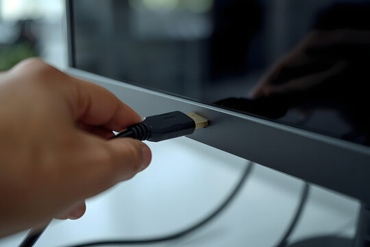 Person Connecting HDMI Cable to Monitor