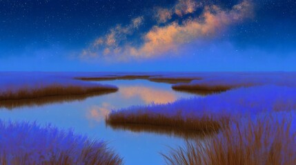 Fototapeta premium Dreamlike Cosmic Landscape Reflecting the Universe on Mirror Lake, Celestial Dreamscape Universe Panorama, Cosmic Reflection Art Background