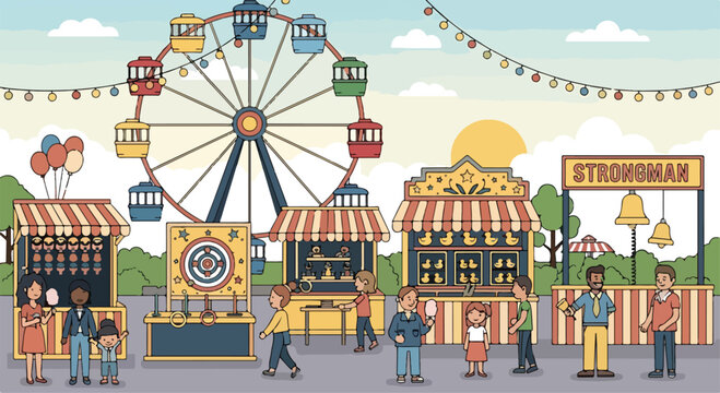 A vibrant cartoon illustration of a lively fairground scene