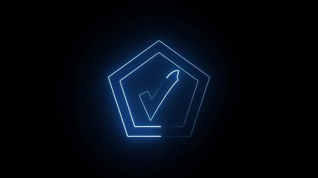 Glowing neon pentagon and tick mark icon animation blue color on a black background.