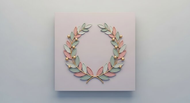 Decorative metal leaf wreath design with gold accents displayed on light pastel background wall art
