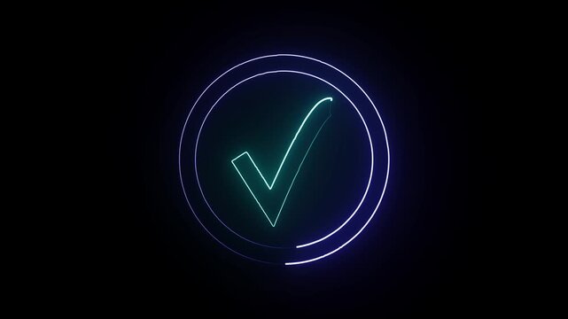 glowing neon purple and cyan color check mark icon animation. ok , done, completed check mark Tick mark icon circle neon sign. check mark icon animation on black background