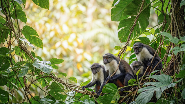 Four curious Roloway monkeys sit clustered on tropical vines amidst lush green jungle foliage, gazing toward the brightly lit middle..