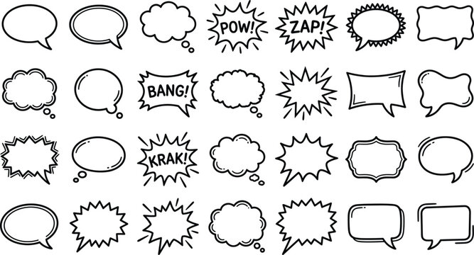 Collection of hand drawn comic speech bubbles and sound effect elements