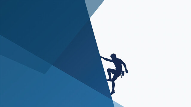 Minimalist abstract illustration of a man rock climbing a steep blue geometric incline against a white background with ample copy space for financial or business themes.