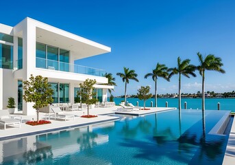Fototapeta premium Modern white luxury villa with an infinity swimming pool overlooking the bright blue ocean and palm trees