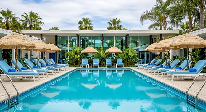 Modern resort poolside with rows of empty blue lounge chairs and straw umbrellas under palm trees