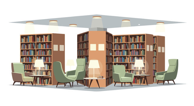 A cozy library corner with bookshelves and seating