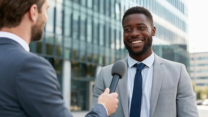 Obraz na płótnie Canvas Businessman interviewing a man in suit with microphone outside office