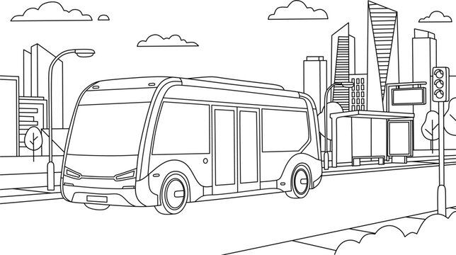 Technology bus speeds through modern city skyline, perfect for futuristic urban design projects. Suitable for tech and transportation concepts.