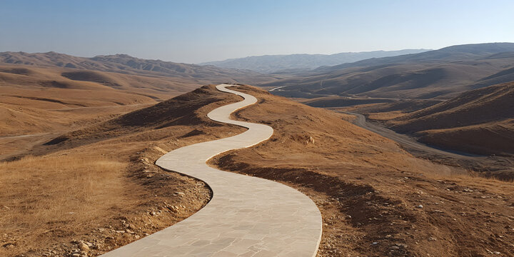 Winding Desert Path Through Mountains and Valley