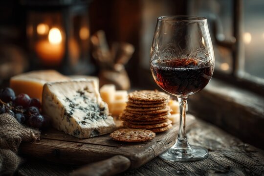 wine glass with cheese and crackers on rustic table