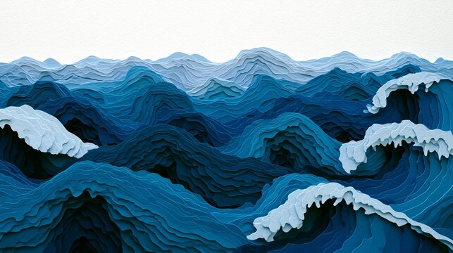 Layered ocean waves in deep blues and whites