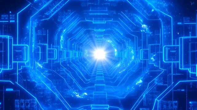 Digital abstract background concept network futuristic blue tunnel glowing light center cyber technology design with ray burst and dark tech backdrop tunnel futuristic technology