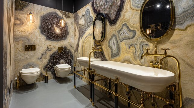 Luxurious bathroom interior featuring striking agate-patterned walls and ornate brass fixtures