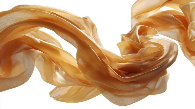 Translucent golden fabric flows dynamically against a bright white background.