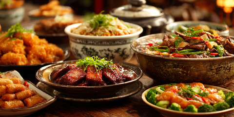 Fototapeta premium Chinese Cuisine Table Full with Meat Rice and Vegetables