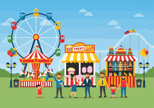 A vibrant cartoon illustration of an amusement park