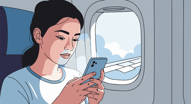 Young woman looking at phone inside airplane window with clouds